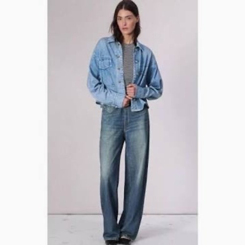 Mila Rosabella Trompe L'oeil Denim Print Wide Leg‎ Leggings Jeans Blue XS NWT